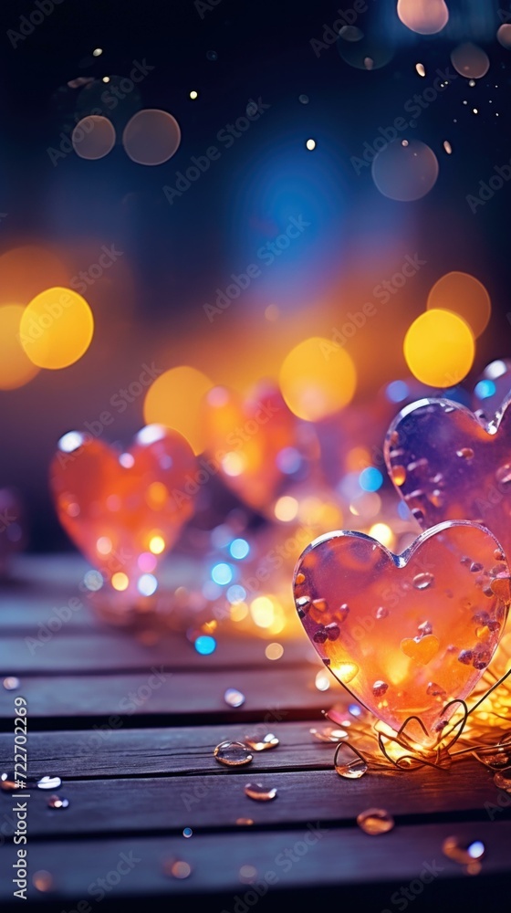 Poster heart shaped lights on a wooden table with bokeh. generative ai.