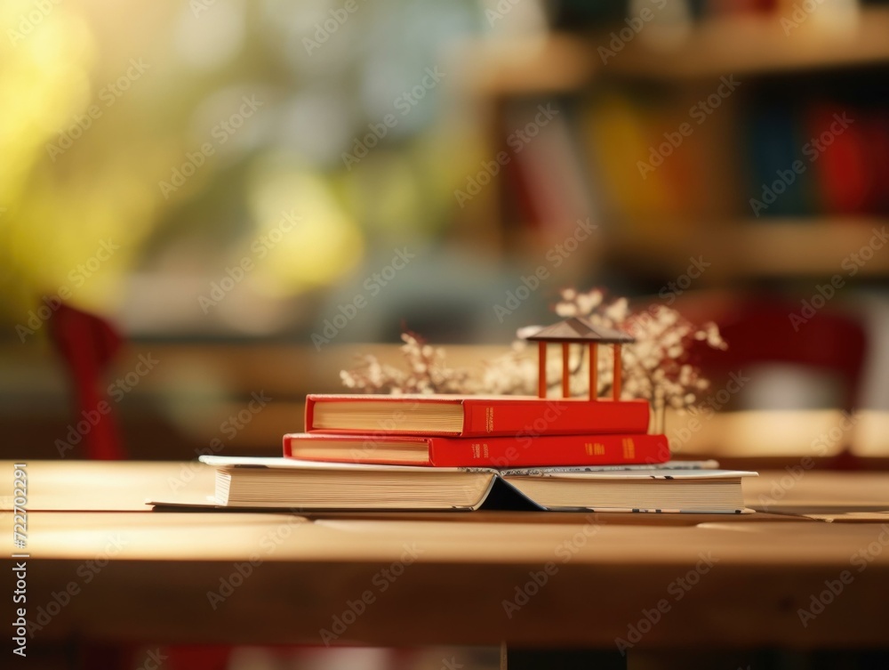 Aufkleber a stack of books on a table in front of a library. generative ai.