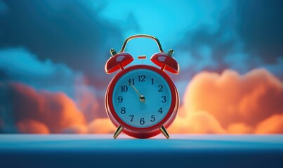 An alarm clock is shown against a blue sky. Generative AI.