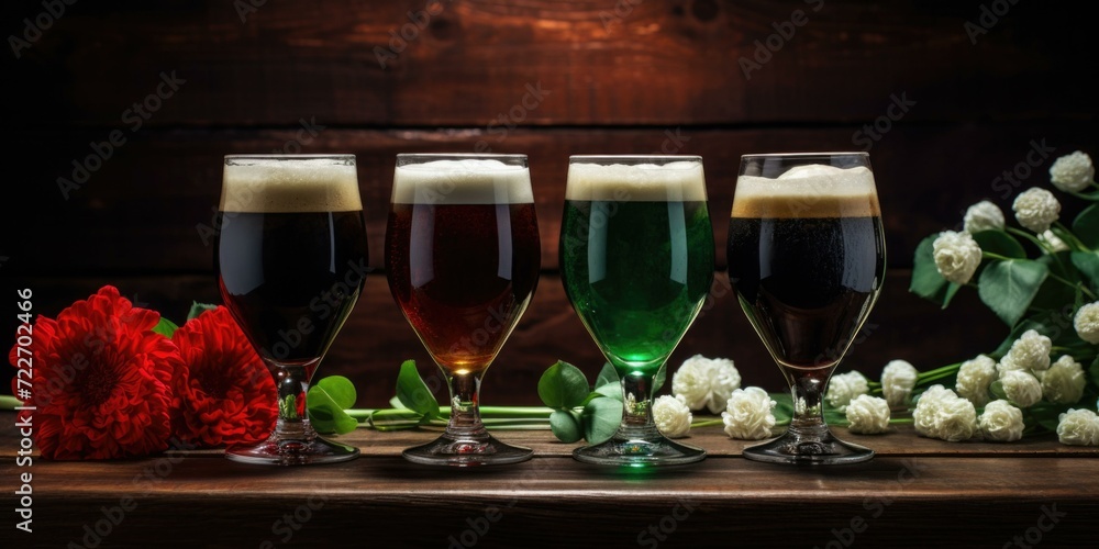 Aufkleber four different types of beer in glasses on a table. generative ai.