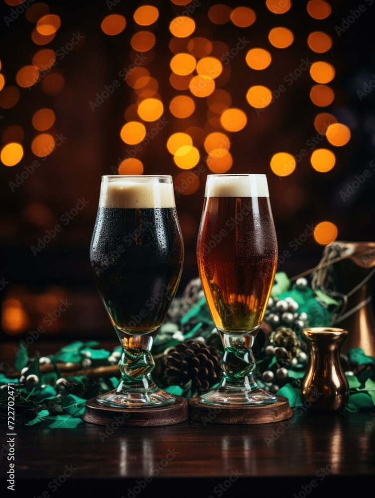 Poster two glasses of beer on a table with lights behind them. generative ai.