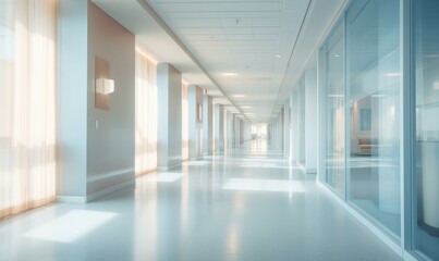 A long hallway with white walls and windows. Generative AI.