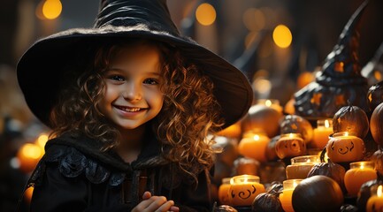 Fototapeta premium Cute little girl wearing a Halloween witch hat smiling. On a blurred background of pumpkins and candle lights.