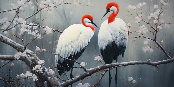Painting of two cranes pairing up to create a family in a natural and quiet pond.
