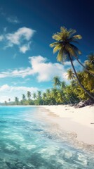 Charming tropical island with yellow beach, blue waves and blue sea. Sunny deserted beach with clear water. Theme of travel and recreation.