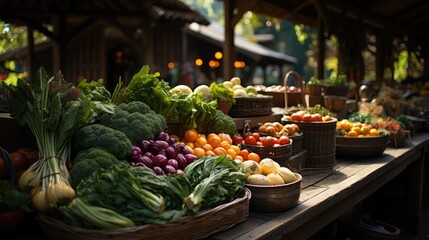 Large farmer's market with fresh vegetables and fruits in baskets on wooden tables. The theme of a healthy lifestyle and vegetarianism.