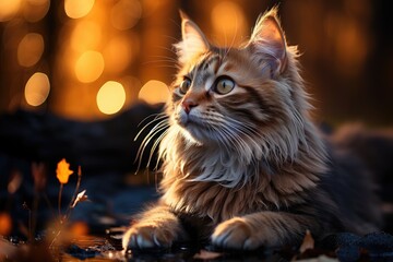 A beautiful adult fluffy cat sits on the grass in a forest clearing. Favorite pets.