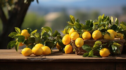 Bright juicy appetizing yellow lemons lie on a wooden table on a green background. Fresh ripe fruits. The theme of a successful harvest and proper nutrition.