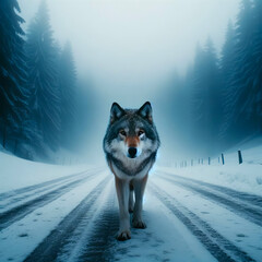 Wolf in the winter forest with fog.
