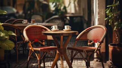 Brown wooden table and chairs around it. Fashionable stylish interior of a summer outdoor cafe.