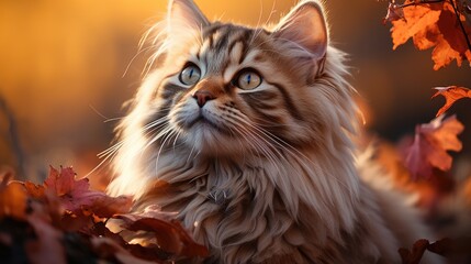 A beautiful adult fluffy cat sits on the grass in an autumn forest clearing. Favorite pets. Bright colorful wallpaper.