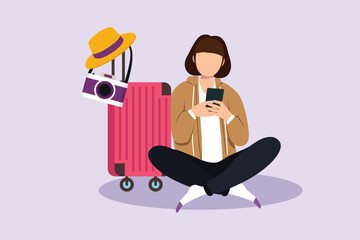 woman sitting using smartphone with camera and hat. Traveling with bag or suitcase concept.  Colored flat vector illustration isolated.
