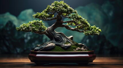 A small beautiful bonsai tree in a beautiful ceramic pot. Theme of relaxation and tranquility.