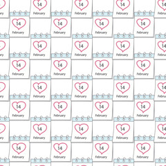 Seamless pattern of calendar page with St. Valentines Day date 14 February and hand drawn heart