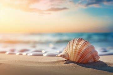 Seashell on the beach catches the first light of sunrise, symbolizing peace and the beauty of nature. AI Generative.