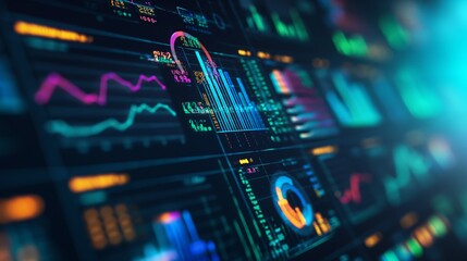 Obraz premium A vibrant data analytics dashboard displaying real-time insights, charts, and graphs with dynamic colors representing diverse data points, information visualization