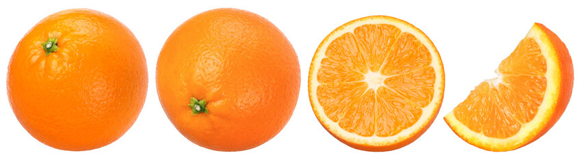 Orange fruit, half and slices isolated, Orange fruit macro studio photo, transparent PNG,...