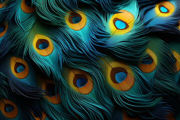 Textured peacock feathers arranged in a mesmerizing texture