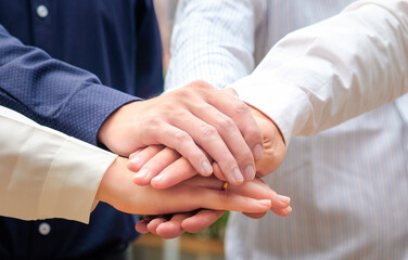 hand of people working symbol Join forces teamwork assemble corporate meeting show quality and effective personnel Concept organizational development in teamwork and business