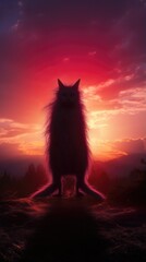 A fluffy creature standing in front of a sunset. Generative AI.
