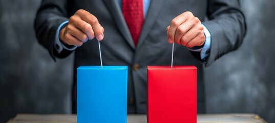 A businessman voting the president election. Blue versus red. Political party choice. Generative AI technology.