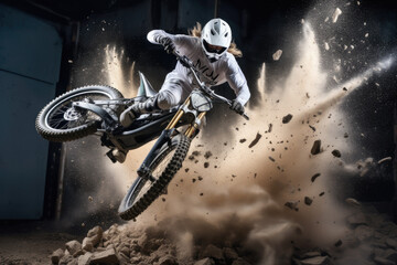 A person riding a dirt bike through a pile of dirt. Generative AI.