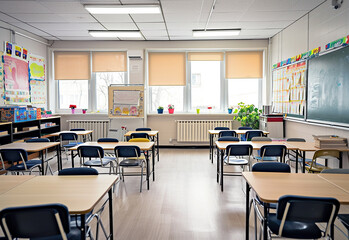 Fototapeta na wymiar Empty modern classroom with chairs, desks and chalkboard.
