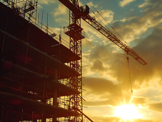 Construction site with a tower crane at sunset. Construction of residential buildings against the city skyline, blending industry and architecture in a captivating urban development scene