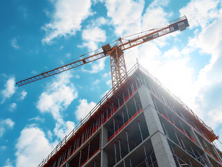 Construction site with tower crane on bright sky background. Construction of residential buildings against the city skyline, blending industry and architecture in a captivating urban development scene