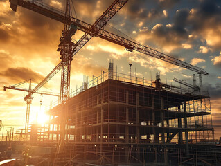 Construction site with a tower crane at sunset. Construction of residential buildings against the city skyline, blending industry and architecture in a captivating urban development scene