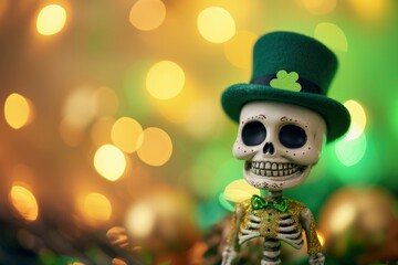 Skeleton is wearing a st Patrick's day hat on bokeh background.
