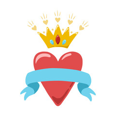 Heart with crown and ribbon for inscription. Ribbon on flying heart for text bar. Design for greeting card, invitation, print, sticker. Illustration for valentine's day.