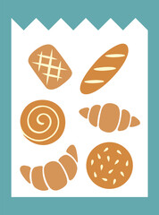 Set of bread, baguette, buns, croissants, cinabon. Vector tasty bakery ilustration. Editable food elements.