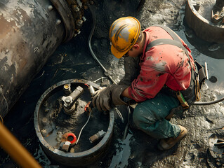 Fototapeta premium Drilling rig workers in uniforms and helmets are drilling an artesian well. Tunnel boring machine in storm sewer collector for underground construction of sewers, pipe, drainage systems.