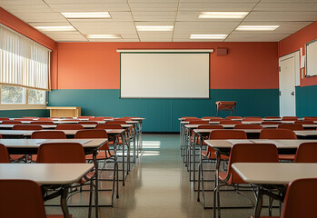 Empty modern classroom with chairs, desks and chalkboard.