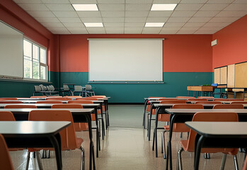 Empty modern classroom with chairs, desks and chalkboard.