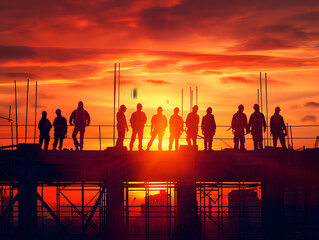 Silhouettes of engineers and workers at the construction site at sunset in the evening.