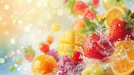 3D High-Resolution Collage Featuring Fresh Fruits, Dynamic Water Splashes, and Glistening Droplets