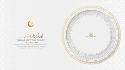 Ramadan Kareem elegant social media post background with Islamic pattern and photo frame - obrazy, fototapety, plakaty
