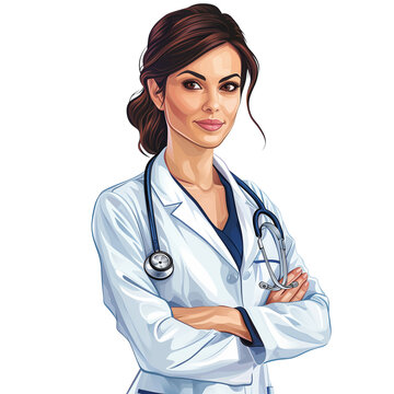 Clipart of a female doctor with a stethoscope, representing women in healthcare, designed with a white background for easy application in various contexts