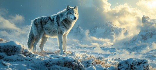 Arctic wolf with ice mountain background. Generative AI technology. - obrazy, fototapety, plakaty