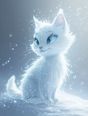 Sparkling Blue-Eyed Charm, Cartoon Character of a White Cat with a Silver Coat