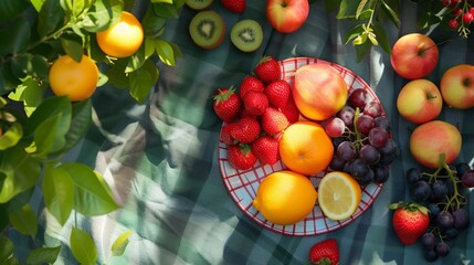 Obraz na płótnie Canvas Top View Assortment of Different Fruits Rich in Vitamin. Nutritional Food for Health Wellness, Diet and Healthy Nutrition, Outdoor Summer