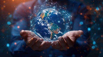 Hands holding a globe with digital connections