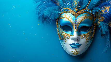 carnival mask on a blue background copy space, generative ai