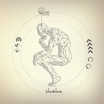 wireframe polygon man is thinking in futuristic retro style, vector of a great thinker