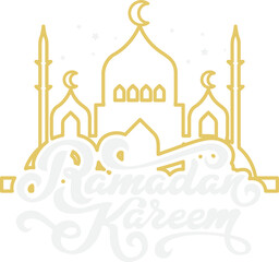Fototapeta na wymiar Golden Lettering Ramadan Kareem With Mosque