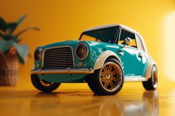 Cyan Toy Compact Car, on an Isolated Yellow Background, Generative AI