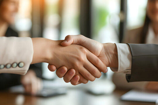 Close-up portrait capturing business professionals shaking hands at an office table, symbolizing agreement and collaboration in a professional setting.