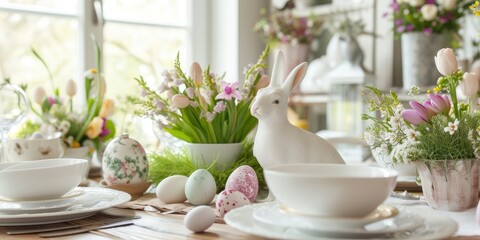 Fototapeta na wymiar Easter Kitchen Elegance. Table Decoration for a Festive Touch. Easter Celebrate Concept.